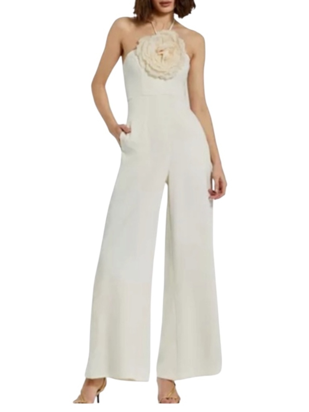 Mac Duggal NWT Women's Crepe Halter Neck Jumpsuit in Ivory w/3D Flower Size 4